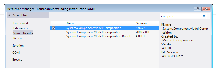 Screenshot of the Reference Manager when Adding MEF to a VS solution