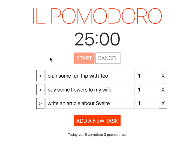 A pomodoro app with a timer and a series of tasks. The user clicks on a button and selects a task. When they select a task the pomodoro timer becomes active.
