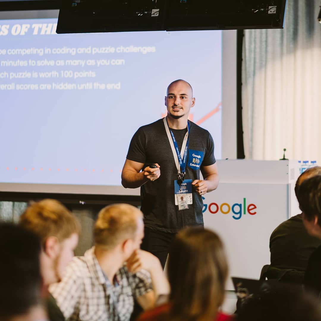 Jaime speaking at a local Google IO event in Stockholm