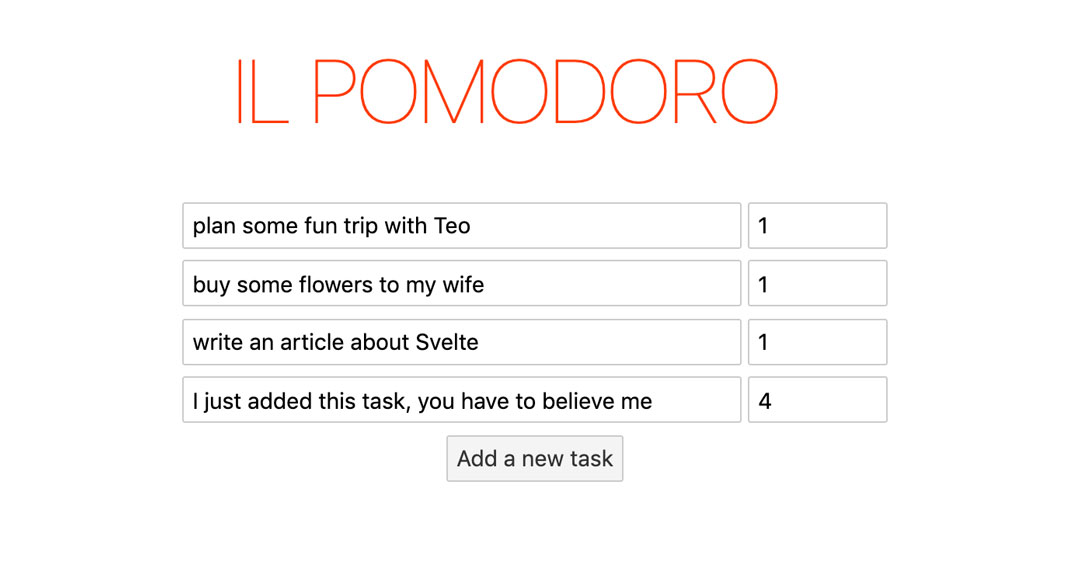 A big Title 'IL POMODORO' followed by a list of editable tasks within input boxes. There's a button to add new tasks.