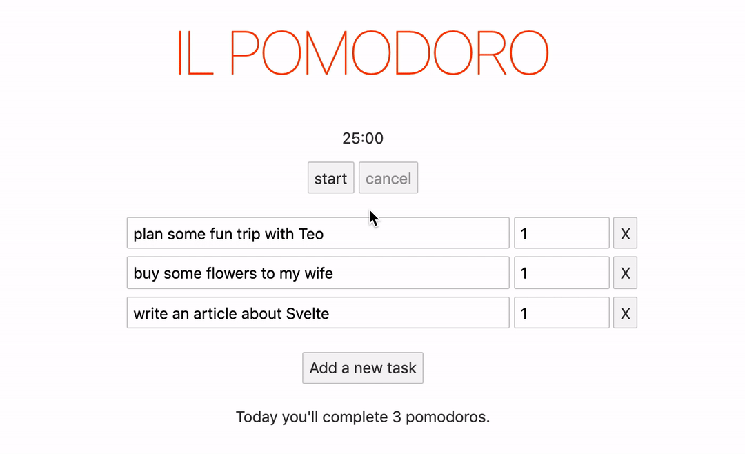 A pomodoro app with a timer and a series of tasks. The user clicks on start and the pomodoro timer starts its countdown. Then they click on cancel and the pomodor stops. The buttons are only enabled when it makes sense.