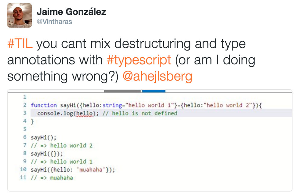 A Screenshot of me testing destructuring in TypeScript