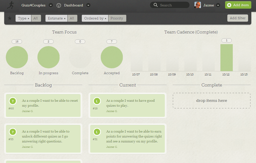 Quiz4Couples Dashboard at Sprint.ly Project dashboard for Quiz4couples