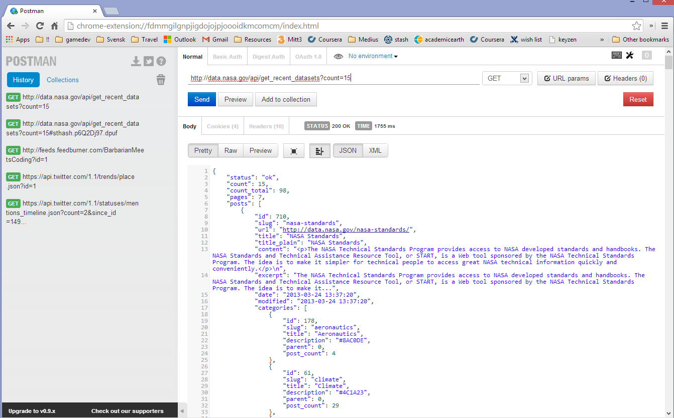 A screenshot testing postman with the NASA APIs