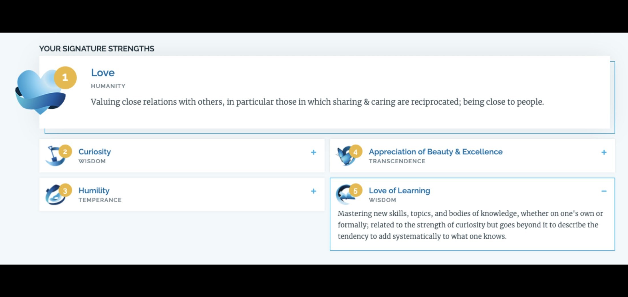 A list of character strengths: love, curiosity, humility, appreciation and love of learning