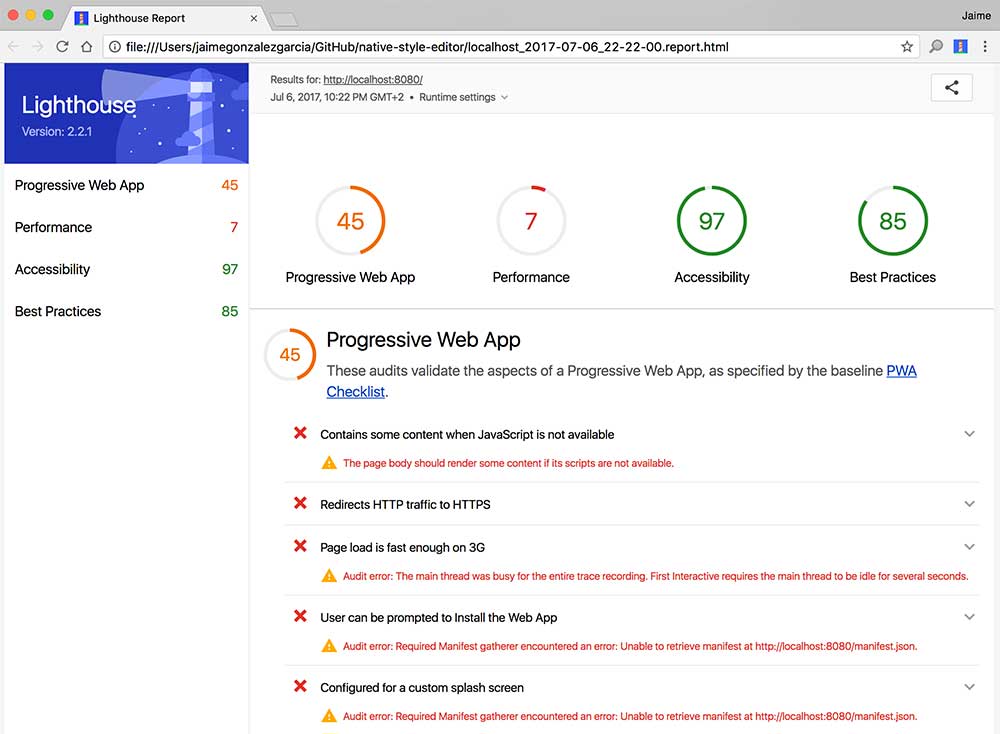 Lighthouse report after app shell