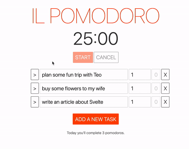 A pomodoro app with a timer and a series of tasks. The user clicks on a button and selects a task. When they select a task the pomodoro timer becomes active. The user clicks on start and the timer stars counting down.