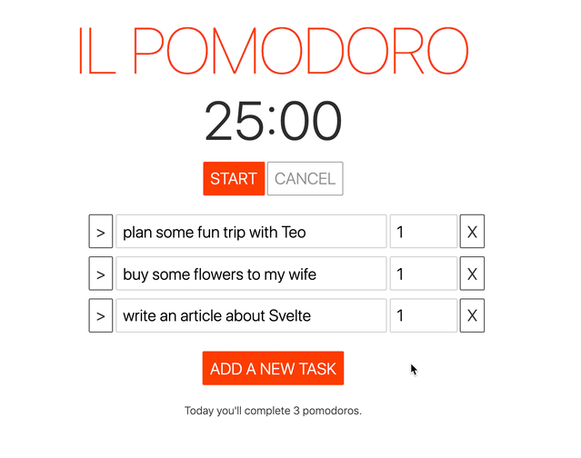 A pomodoro app with a timer and a series of tasks. The user clicks on a button and selects a task.