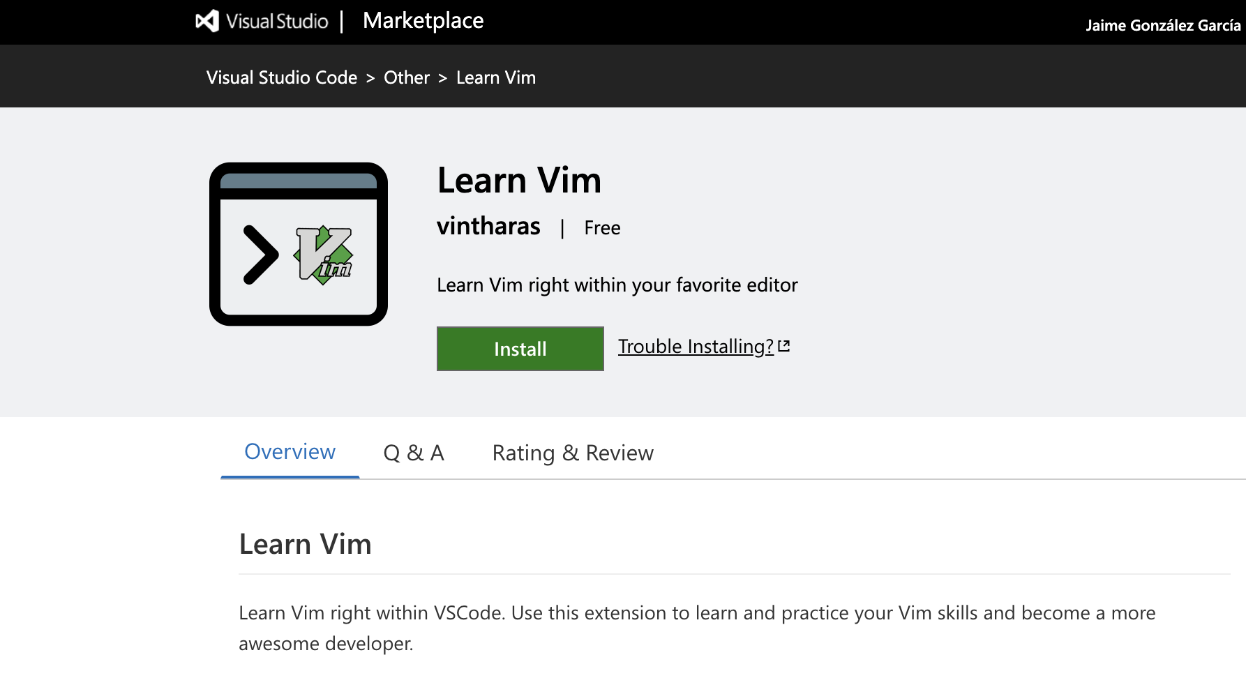 Learn Vim extension in the VSCode Marketplace
