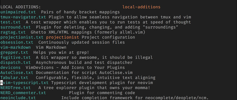 A Screenshot of Vim's help showing help files for installed plugins