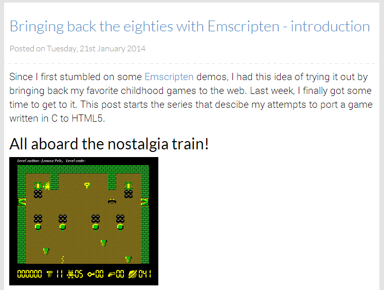 First blog post on Emscripten Screenshot of first blog post