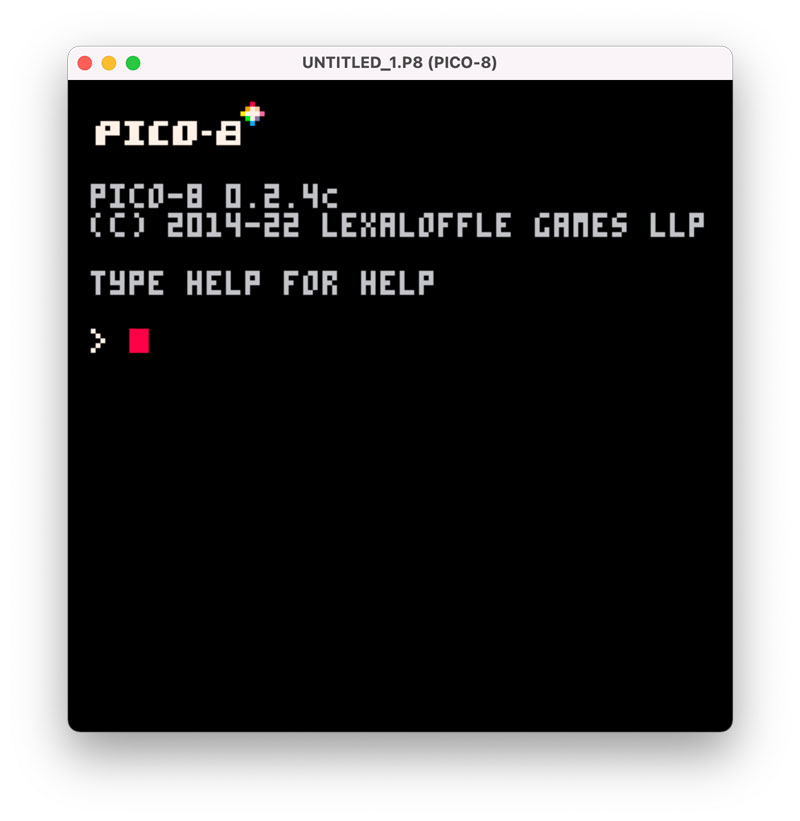 PICO-8 start screen. When you start the PICO-8 console the start screen looks like a terminal application and you have a cursor positioned at the start of a command prompt.