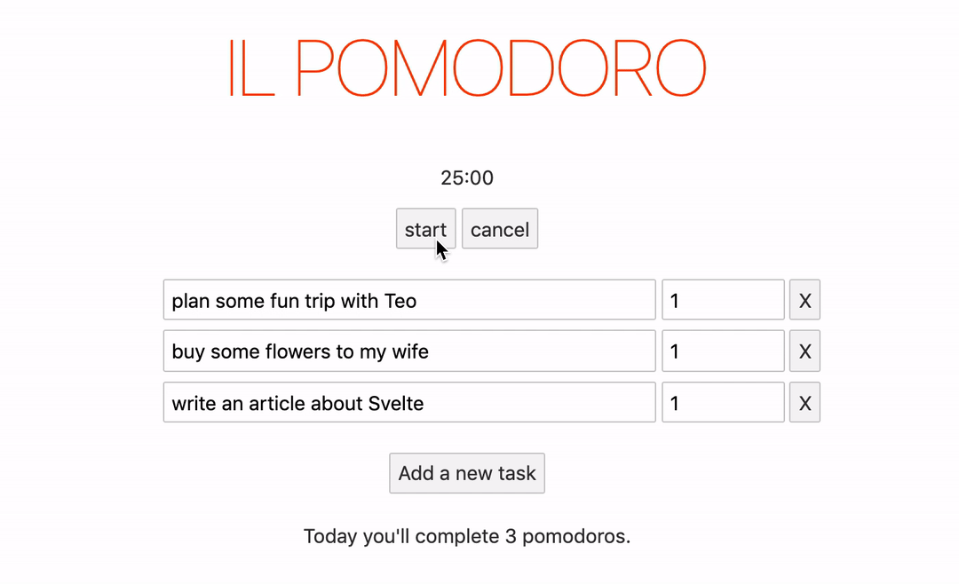 A pomodoro app with a timer and a series of tasks. The user clicks on start and the pomodoro timer starts its countdown. Then they click on cancel and the pomodor stops.