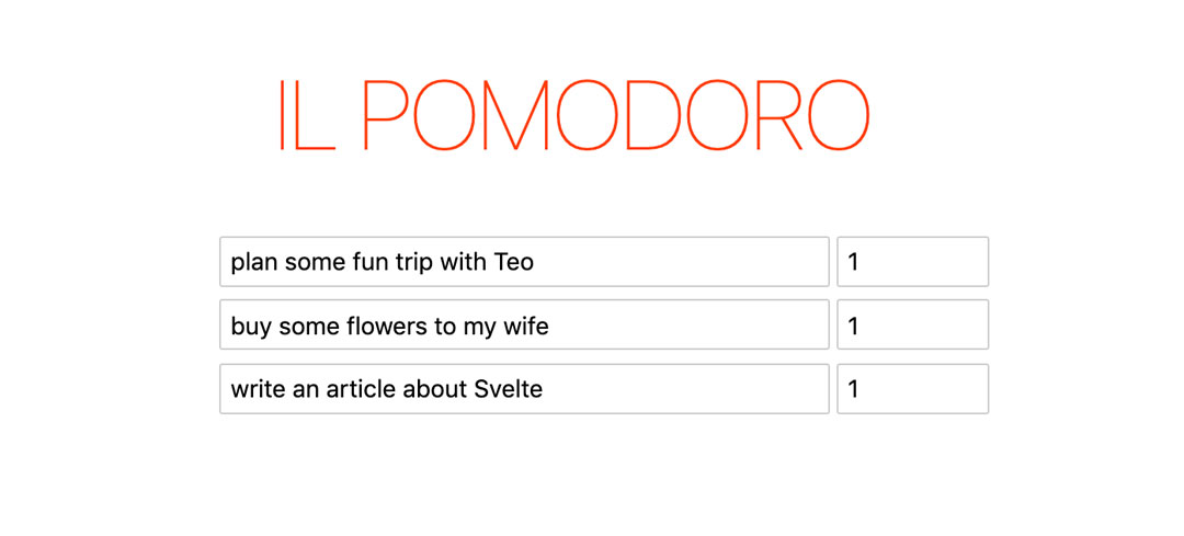 A big Title 'IL POMODORO' followed by a list of editable tasks within input boxes