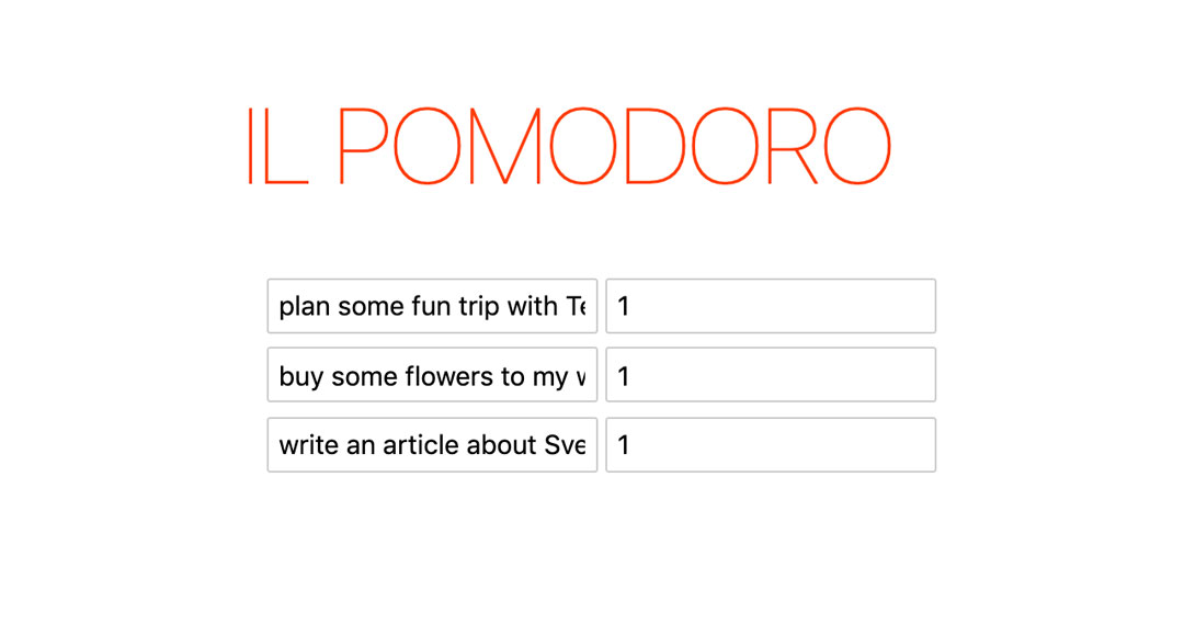 A big Title 'IL POMODORO' followed by a list of editable tasks within input boxes