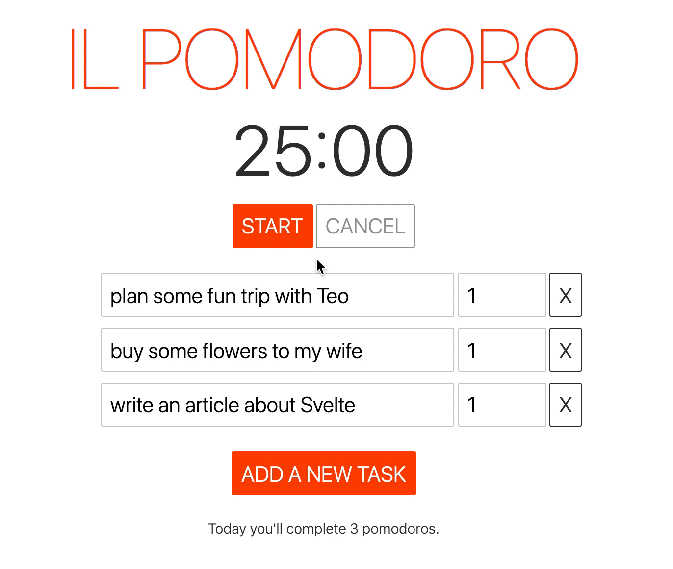 A pomodoro app with a timer and a series of tasks. The user clicks on start and the pomodoro timer starts its countdown. Then they click on cancel and the pomodor stops. The buttons are only enabled when it makes sense. The styles have been improved from previous iterations.