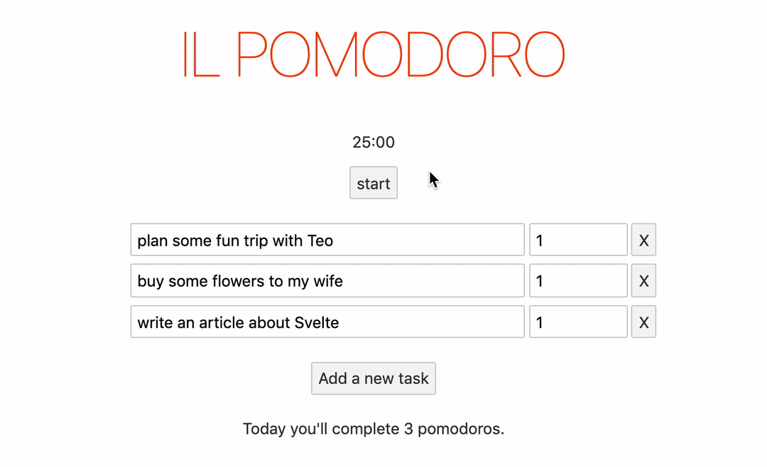 A pomodoro app with a timer and a series of tasks. The user clicks on start and the pomodoro timer starts its countdown.