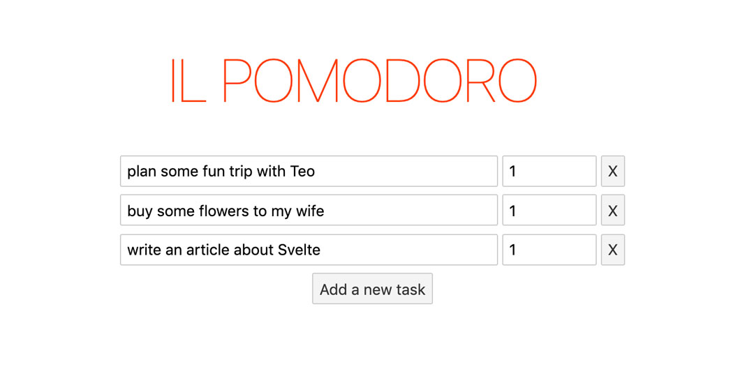 A big Title 'IL POMODORO' followed by a list of editable tasks within input boxes. There's a button to add new tasks.