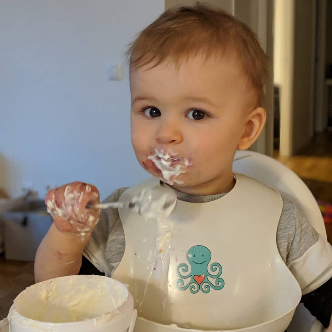 Teo eating Yoghurt like a madman