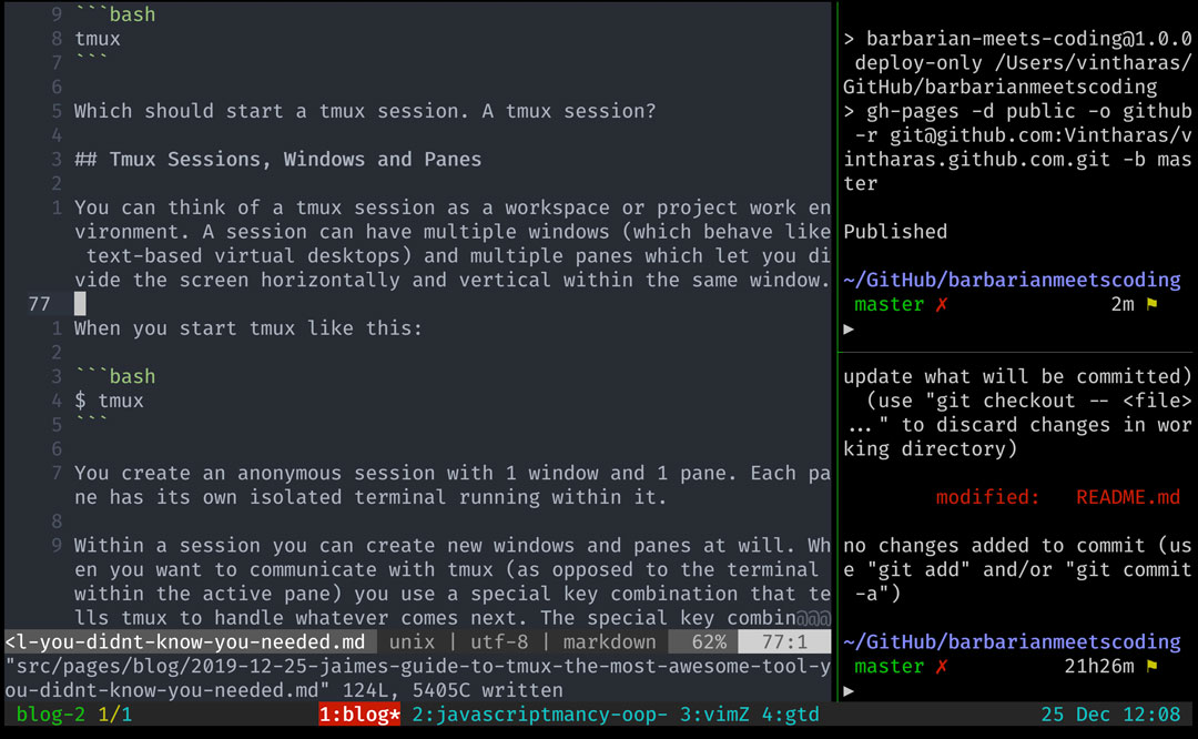 An example tmux setup with 4 windows and 3 panes in the window which is selected at the moment. The tree open panes have two terminals and a vim session.