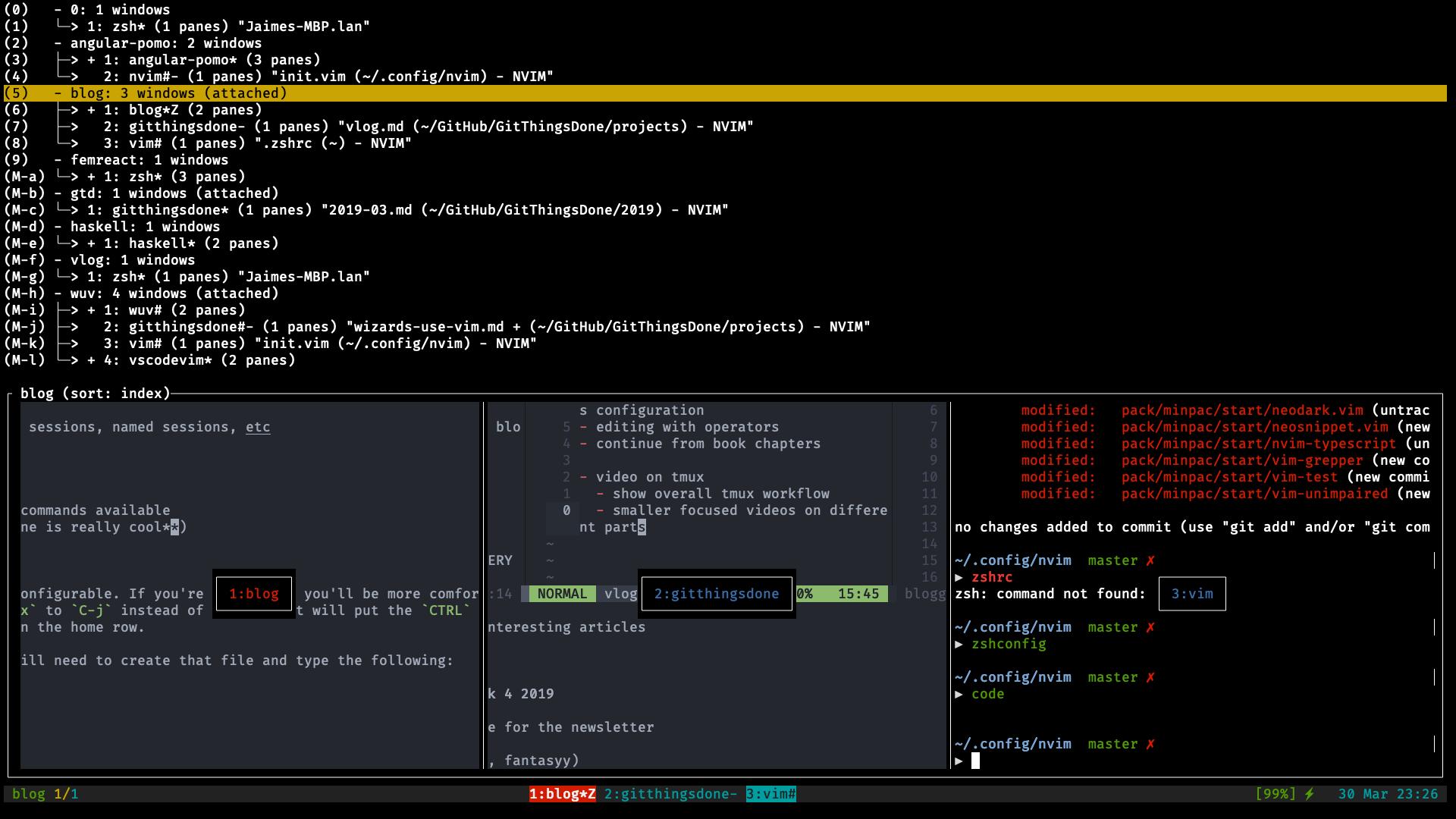 The tmux session selection window displaying many sessions, windows and panes to jump to.