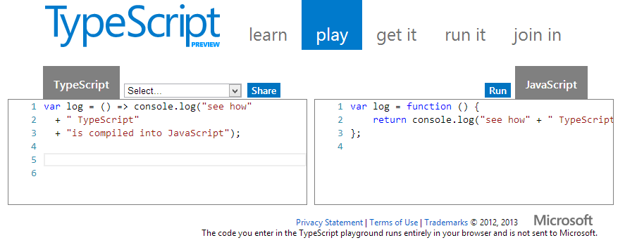 Screenshot of TypeScript playground