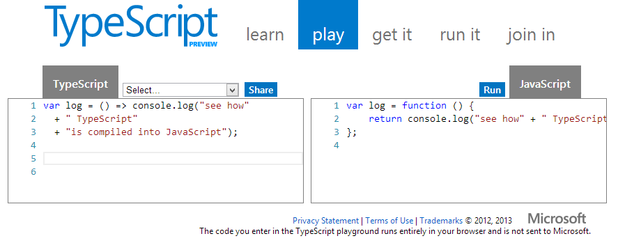 TypeScript playground Screenshot of TypeScript playground