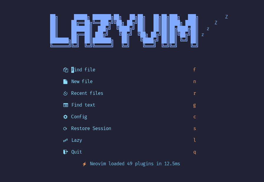 The LazyVim launcher in neovim with a bunch of useful options