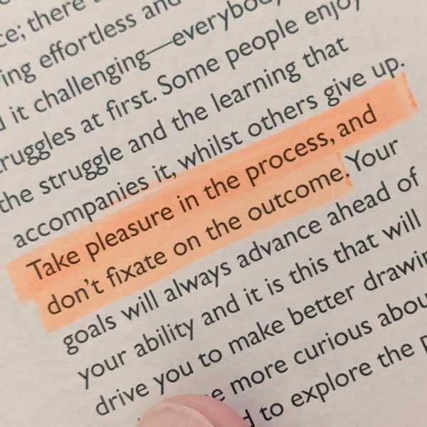 A quote that reads "Take pleasure in the process, and don't fixate in the outcome"