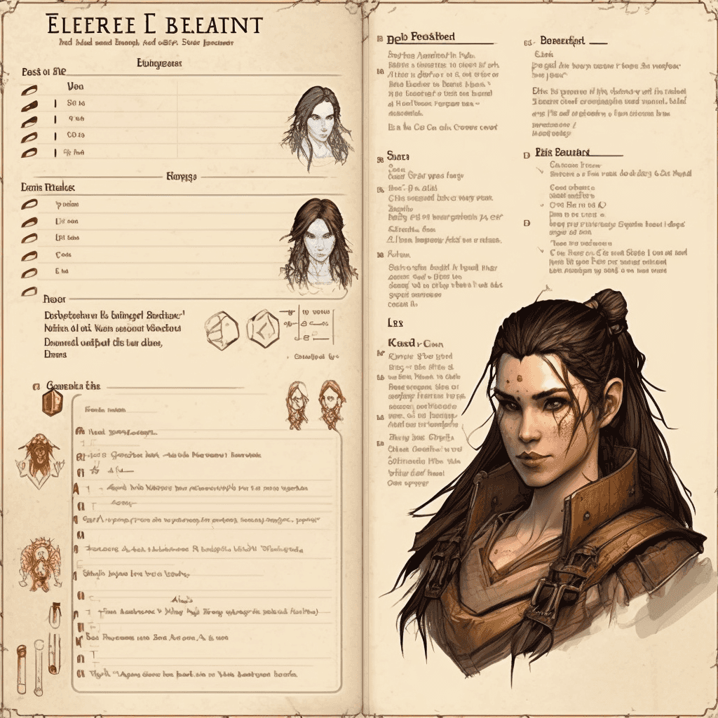 A rpg character sheet with an image of a human female warrior and a collection of skills and attributes