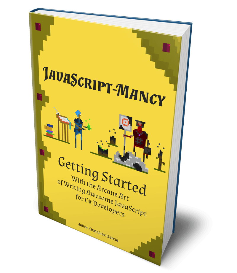 The JavaScriptmancy book cover with Randalf the Red teaching Mooleen the apprentice how to javascript with fireballs, and not having a lot of success, or perhaps mildly success judging for the numerous burn marks